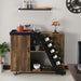Front-facing contemporary light hickory buffet with wine rack and wheels in a living area with accessories