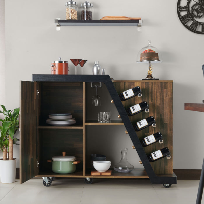 Front-facing contemporary light hickory buffet with wine rack, wheels and door open in a living area with accessories