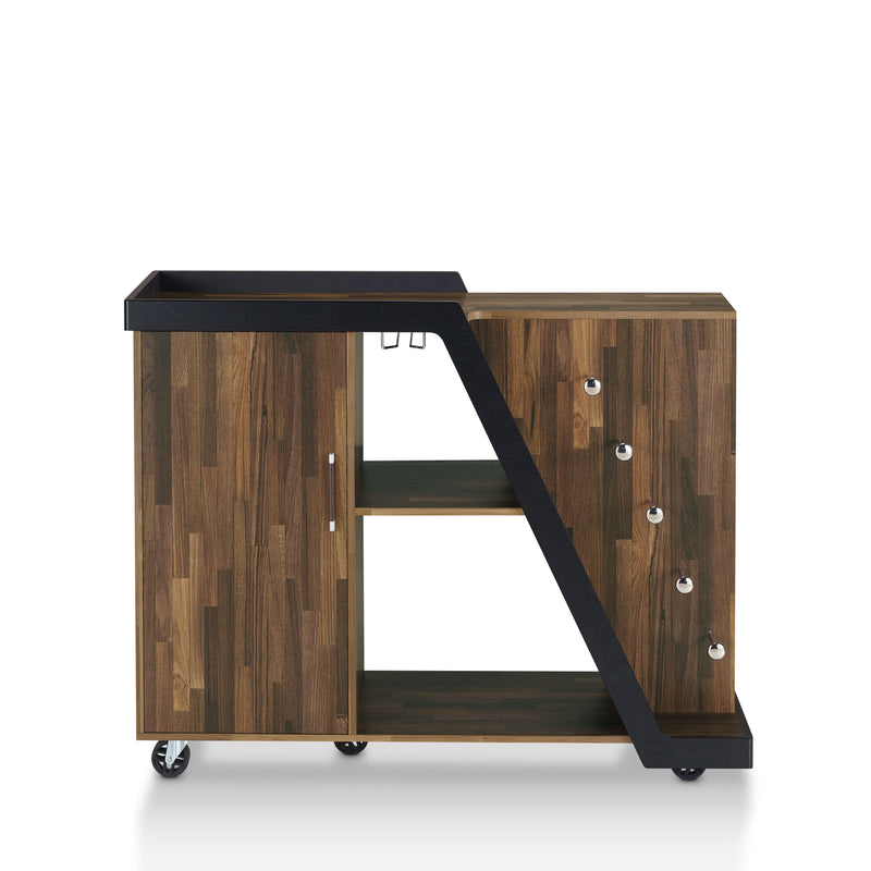 Front-facing contemporary light hickory buffet with wine rack and wheels on a white background