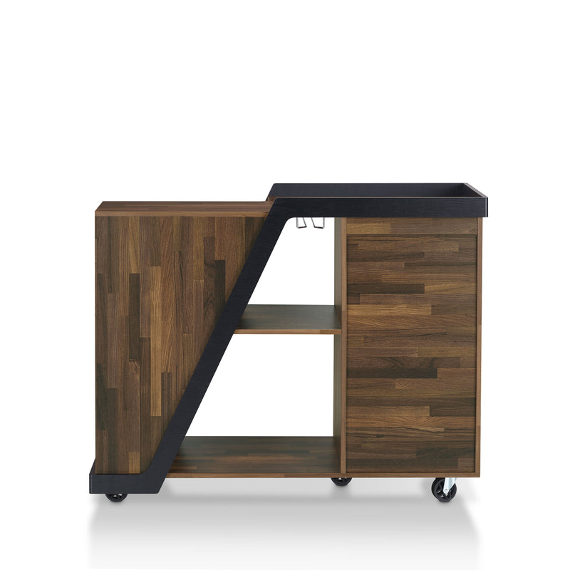 Front-facing back view contemporary light hickory buffet with wine rack and wheels on a white background