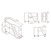 Line drawing for contemporary light hickory buffet with wine rack and wheels on a white background with dimensions