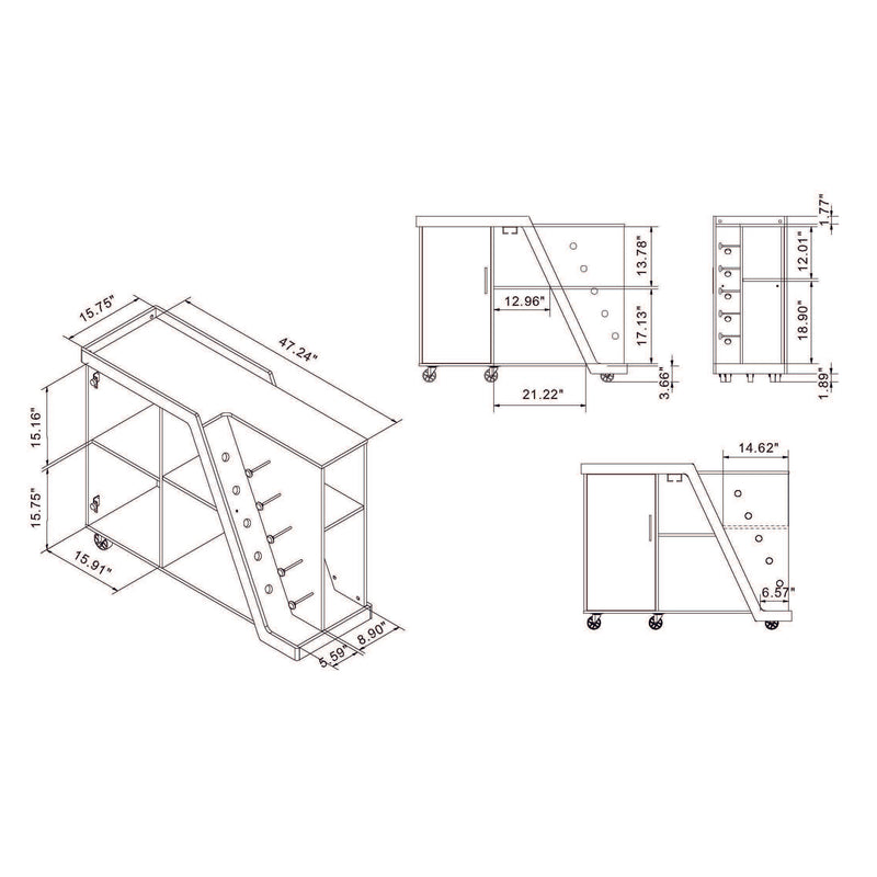 Line drawing for contemporary light hickory buffet with wine rack and wheels on a white background with dimensions