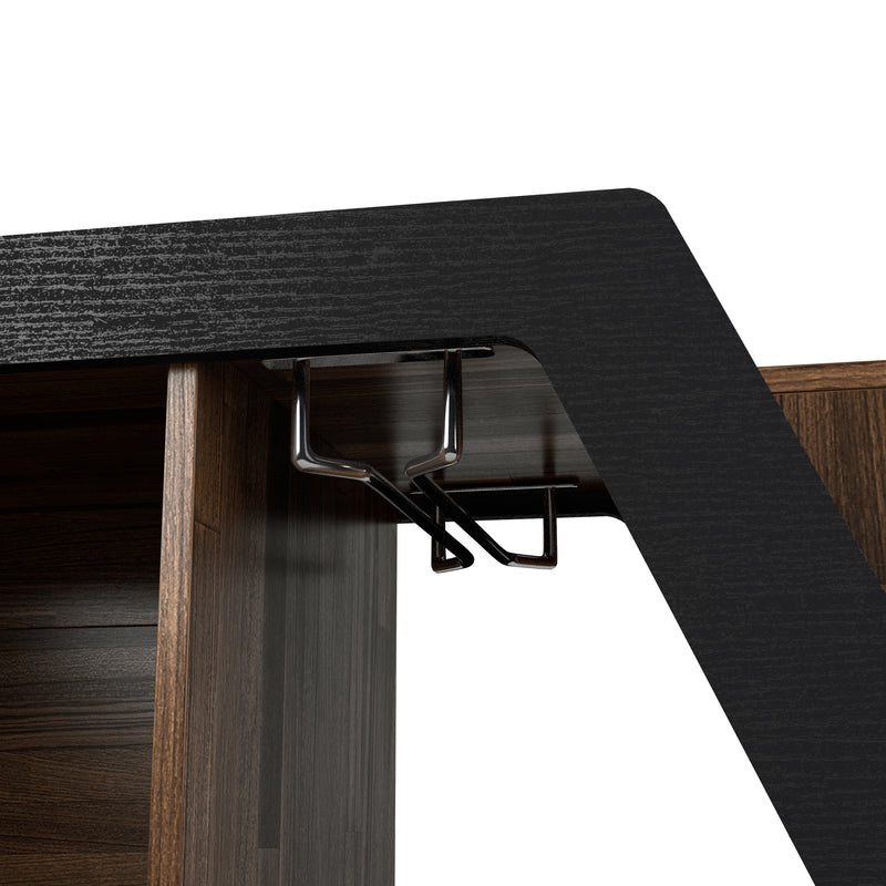 Left angled close up contemporary light hickory buffet detail of wine glass storage on a white background