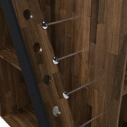 Left angled close up contemporary light hickory buffet detail of wine rack on a white background