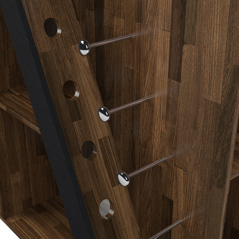 Left angled close up contemporary light hickory buffet detail of wine rack on a white background