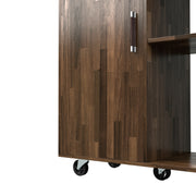 Left angled close up contemporary light hickory buffet with wheels on a white background