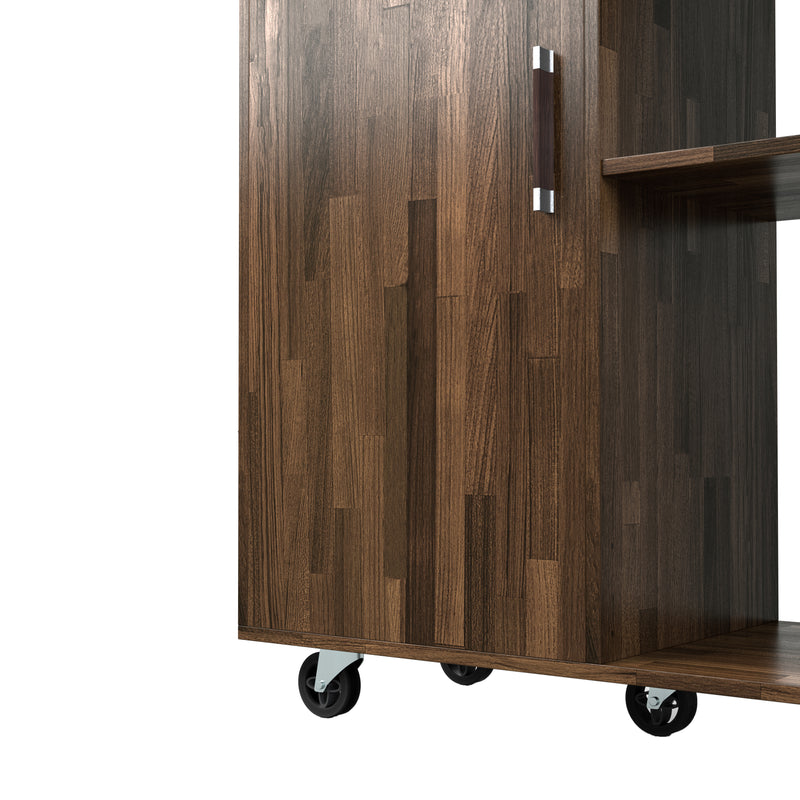 Left angled close up contemporary light hickory buffet with wheels on a white background