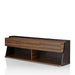 Left angled contemporary three-drawer light walnut and black TV stand on a white background
