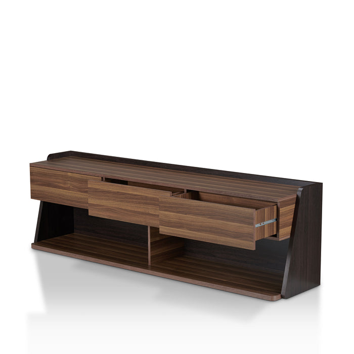 Left angled contemporary three-drawer light walnut and black TV stand with two open shelves on a white background