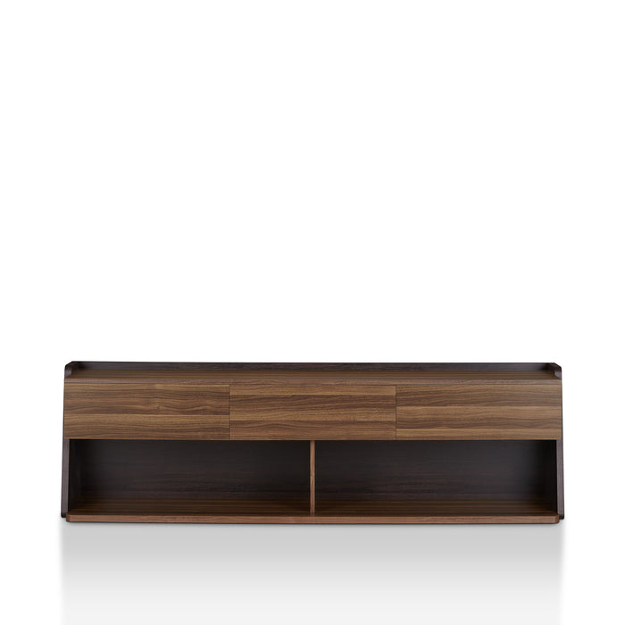 Front facing contemporary three-drawer light walnut and black TV stand with two open shelves on a white background