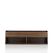 Front facing contemporary three-drawer light walnut and black TV stand with two open shelves on a white background