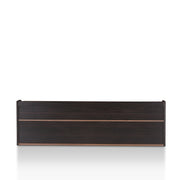 Front facing back view of a contemporary three-drawer light walnut and black TV stand on a white background