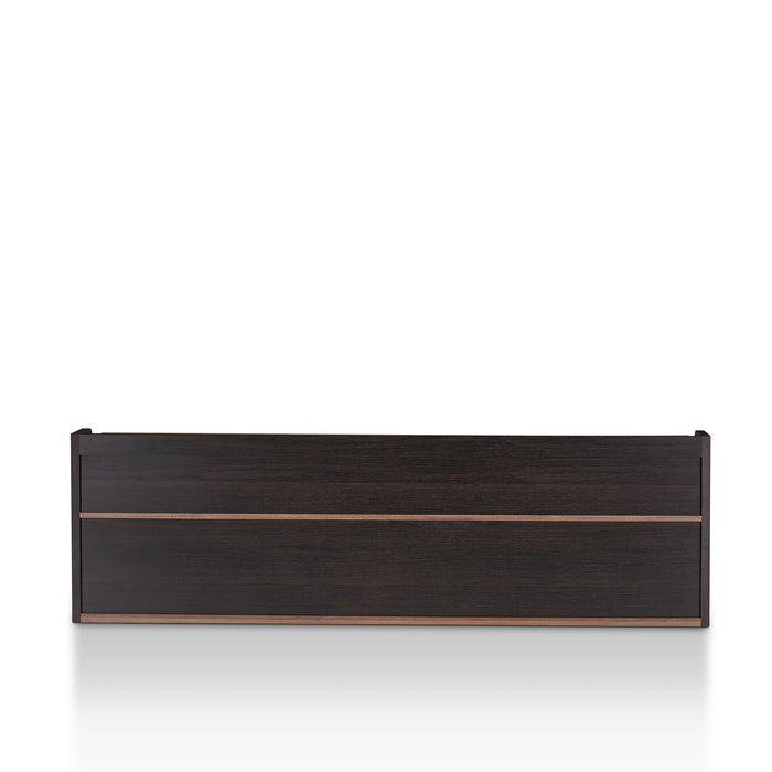 Front facing back view of a contemporary three-drawer light walnut and black TV stand on a white background