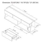 Line drawing for offney contemporary light walnut and black 72-in TV stand on a white background with dimensions