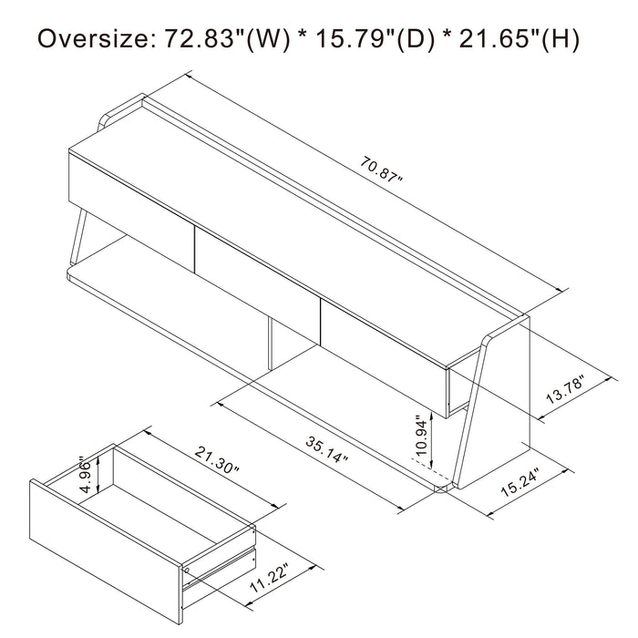 Line drawing for offney contemporary light walnut and black 72-in TV stand on a white background with dimensions