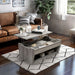 Right angled transitional gray wood lift-top storage coffee table with top open in a living room with accessories