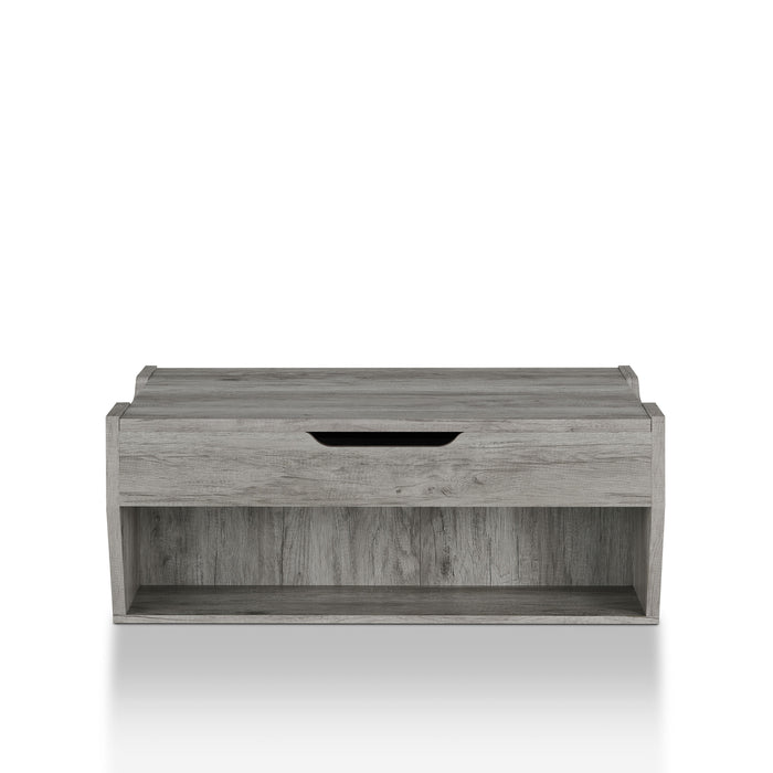 Front facing transitional gray wood lift-top storage coffee table on a white background