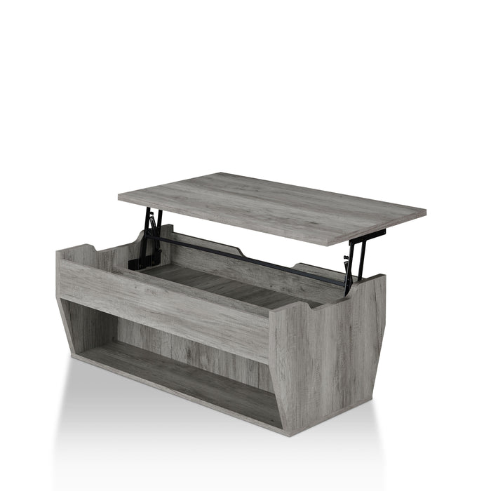 Left angled transitional gray wood lift-top storage coffee table with top open on a white background