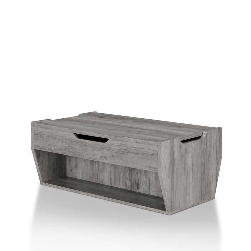 Left angled transitional gray wood lift-top storage coffee table on a white background