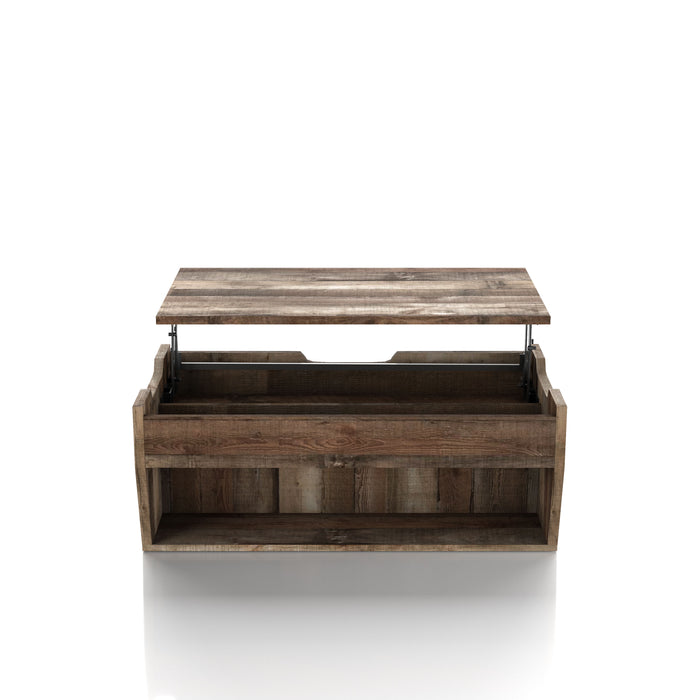 Front-facing rustic reclaimed barnwood storage coffee table against a white background