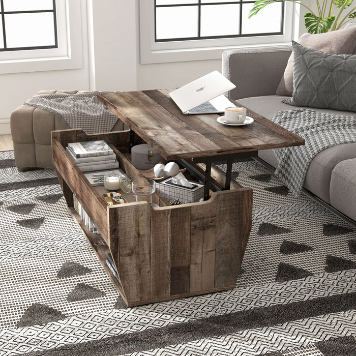 Right angled rustic reclaimed barnwood storage coffee table with top lifted on a white background