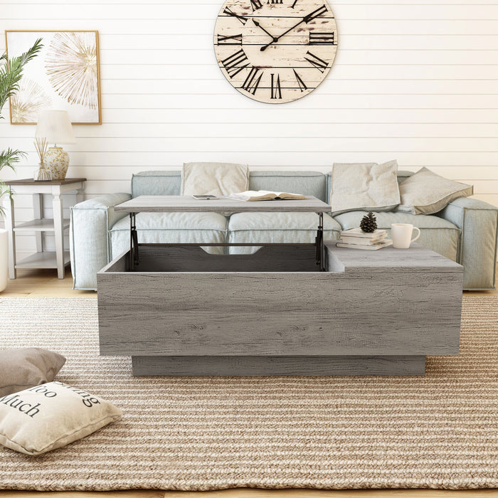 Front-facing urban vintage gray oak lift-top coffee table with top up in a living room with accessories