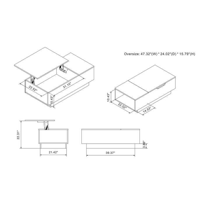 Line drawing for urban vintage gray oak lift-top coffee table on a white background with dimensions