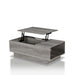 Left angled urban vintage gray oak lift-top coffee table with top up on a white background