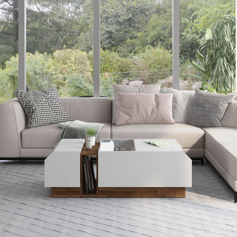 Plano White and Oak Lift-Top Glass Coffee Table