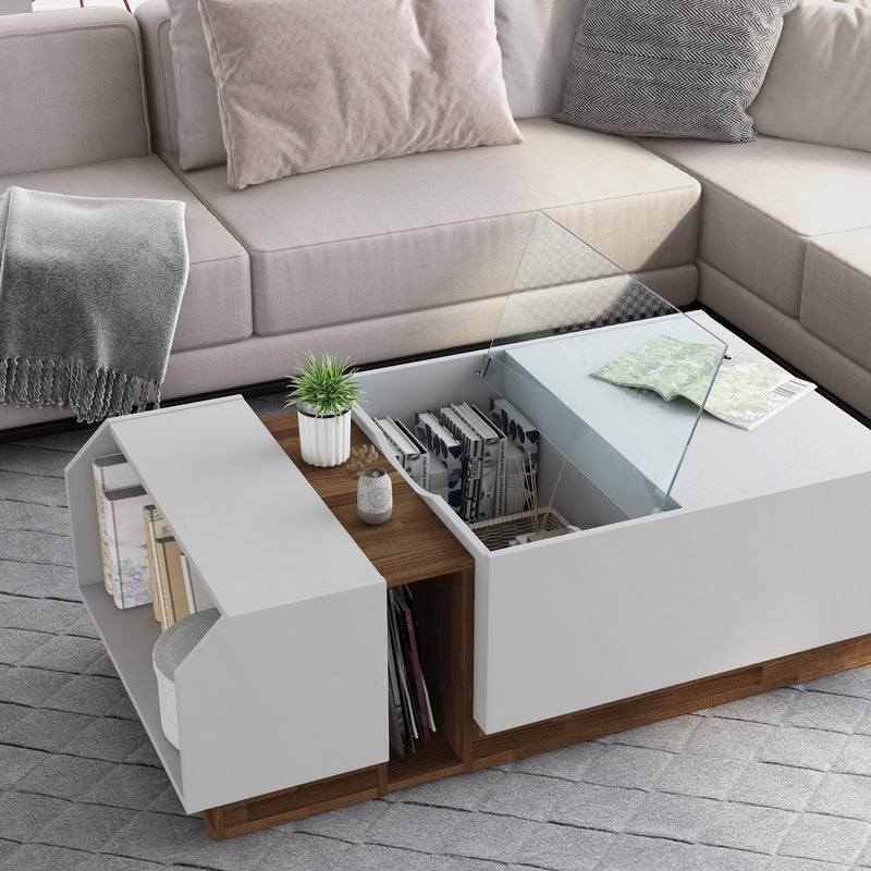 Plano White and Oak Lift-Top Glass Coffee Table