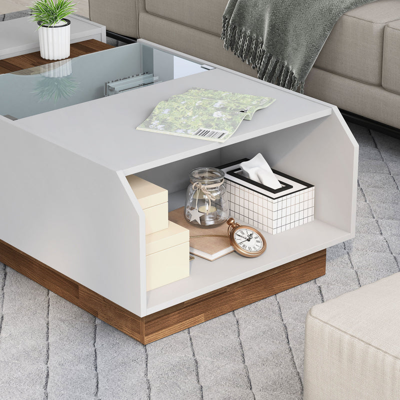 Plano White and Oak Lift-Top Glass Coffee Table