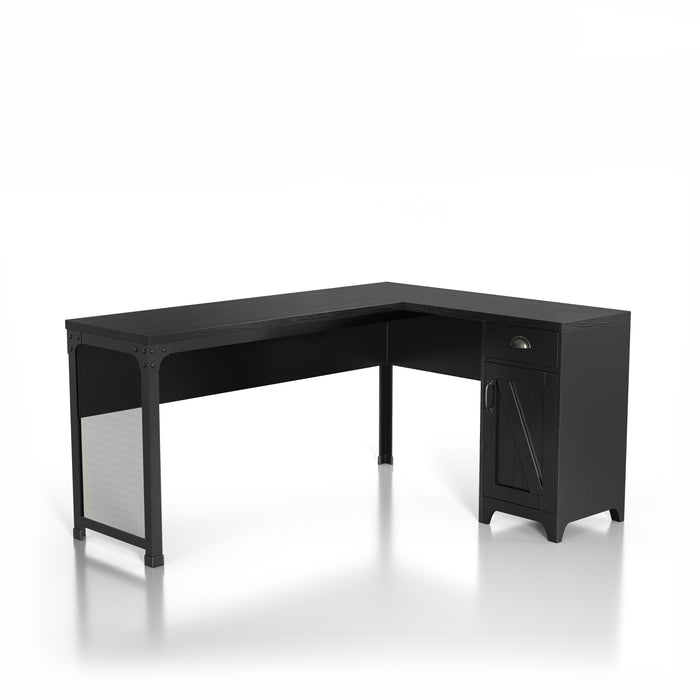 Left-angled black L-shaped desk against a white background. On one end is wire mesh with corner brackets accented with bolts. The other end holds a drawer with a cup pull and a barn-inspired cabinet door.