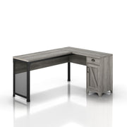 Right angled farmhouse vintage gray oak L-shaped desk on a white background