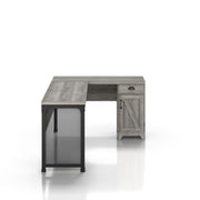 Front-facing side view farmhouse vintage gray oak L-shaped desk on a white background