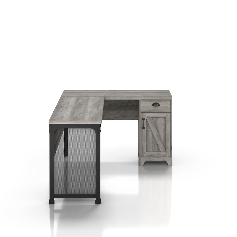 Front-facing side view farmhouse vintage gray oak L-shaped desk on a white background