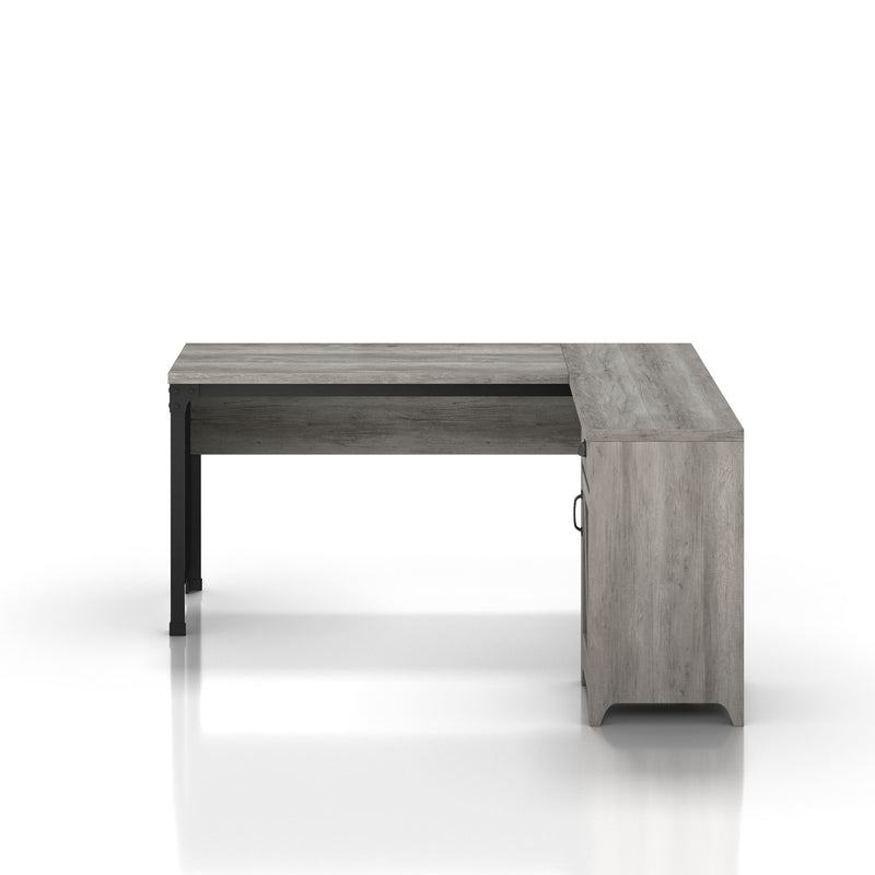 Front-facing farmhouse vintage gray oak L-shaped desk on a white background