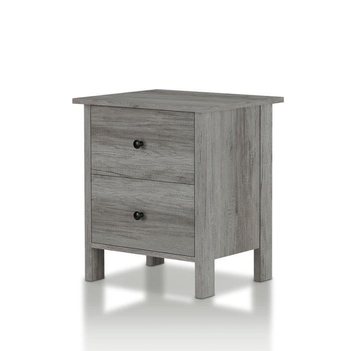Left angled transitional vintage gray oak two-drawer nightstand on a white background