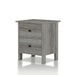Left angled transitional vintage gray oak two-drawer nightstand on a white background