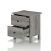 Left angled transitional vintage gray oak two-drawer nightstand with drawers open on a white background