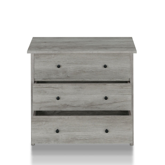 Front-facing contemporary vintage gray oak three-drawer tall dresser with middle and lower drawers open on a white background