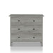 Front-facing contemporary vintage gray oak three-drawer tall dresser on a white background
