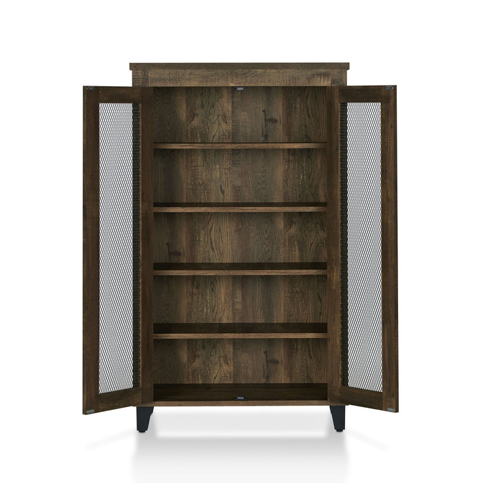 Front-facing rustic reclaimed oak shoe cabinet opened to reveal interior shelves on white background. Metal chicken wire cabinet doors.