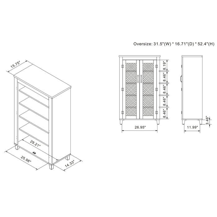 Line drawing and dimensions of tall rustic double door shoe cabinet on white background with dimensions