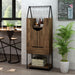 Left-angled urban light hickory wine bar cabinet  to the right of a home bar overlooking a scenic window. An A-frame metal stemware rack hangs wine glasses above a unique U-cut shelf adorned with jars, pastry plates and napkins. The lower open shelf houses a crate of bottles.