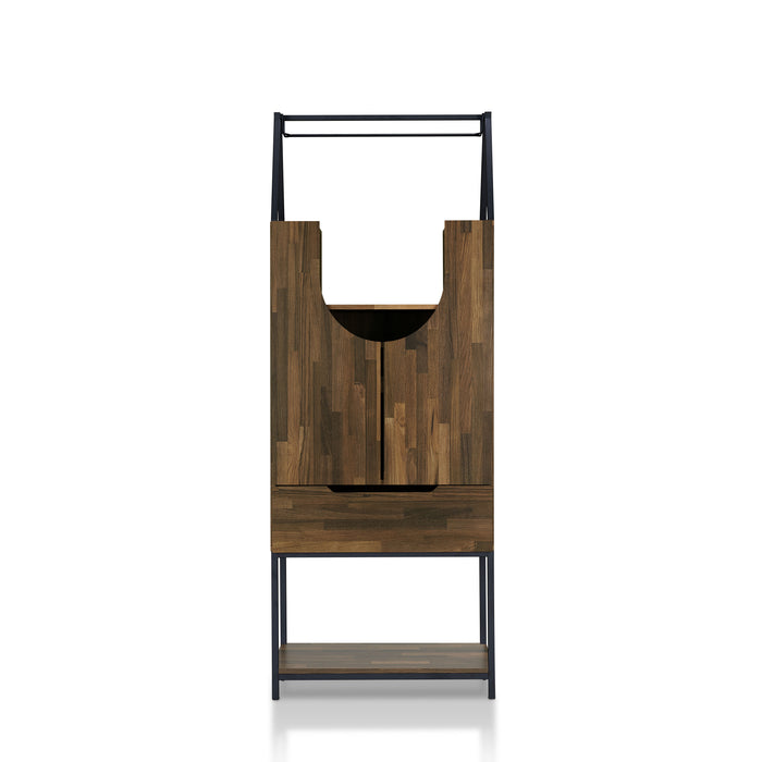 Front-facing urban light hickory wine bar cabinet against a white background. An A-frame metal stemware rack that hangs above a modern U-cut shelf.