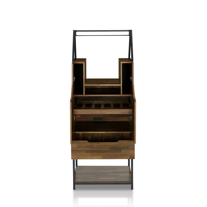 Front-facing urban light hickory wine bar cabinet against a white background. The open cabinets reveal four shelves and a 6-bottle wine drawer rack.