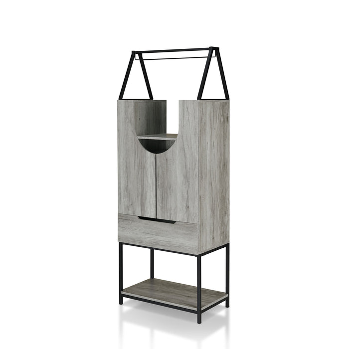 Left-angled urban Vintage Gray Oak wine bar cabinet against a white background. An A-frame metal stemware rack that hangs above a modern U-cut shelf.