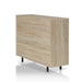 Left angled back view of a contemporary natural oak buffet server with wine and stemware racks on a white background