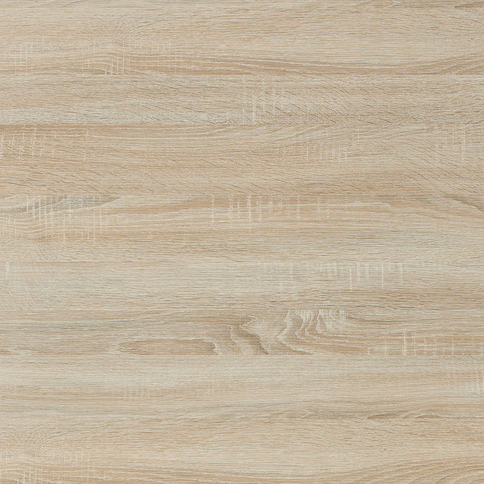 Swatch of natural oak finish of a contemporary natural oak buffet server with wine and stemware racks