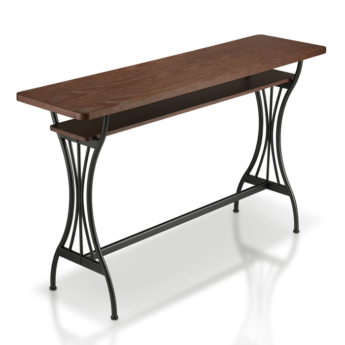 Right angled modern toasted barnwood and metal counter height table with a trestle base on a white background